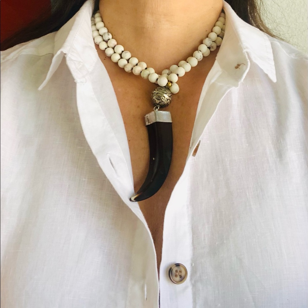 Long Beaded Howlite Necklace abd Tusk Pendant Boho Necklace